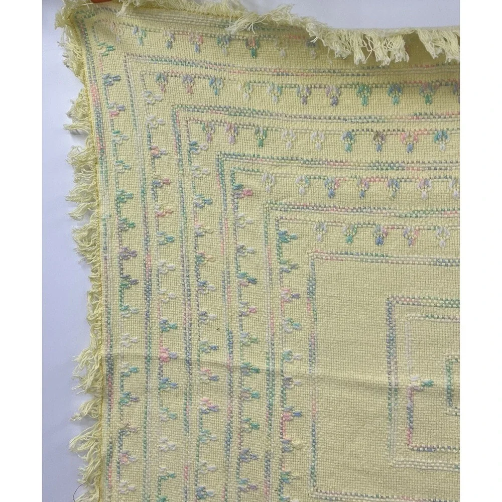 Vintage Baby Blanket Hand Woven Butter Yellow Pastel Fringed 33